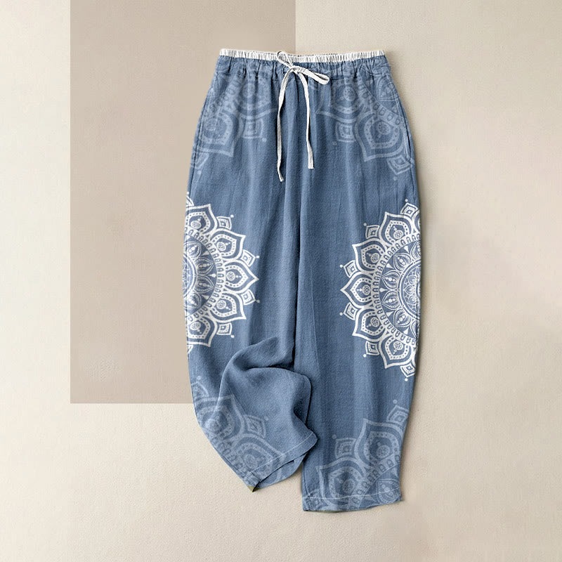 Pure Cotton Mandala Patroon Vrouwen Elastische Taille Broek Met Zakken