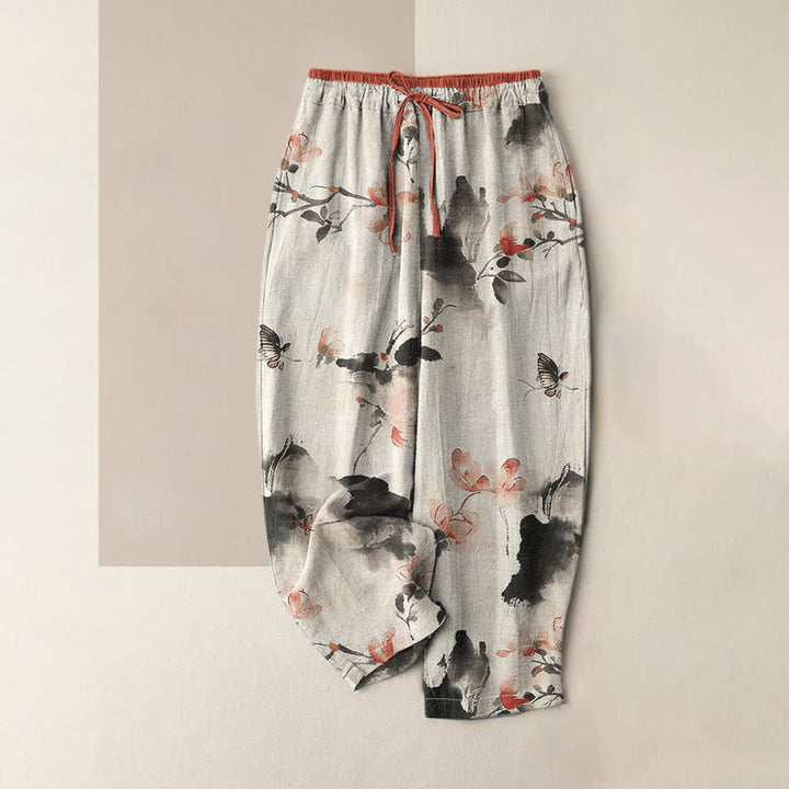 Pure Katoen Vlinder Bloemen Patroon Print Damesbroeken Met Zakken