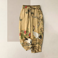 Pure Katoen Kraan Pine Patroon Vrouwen Elastische Taille Broek Met Zakken