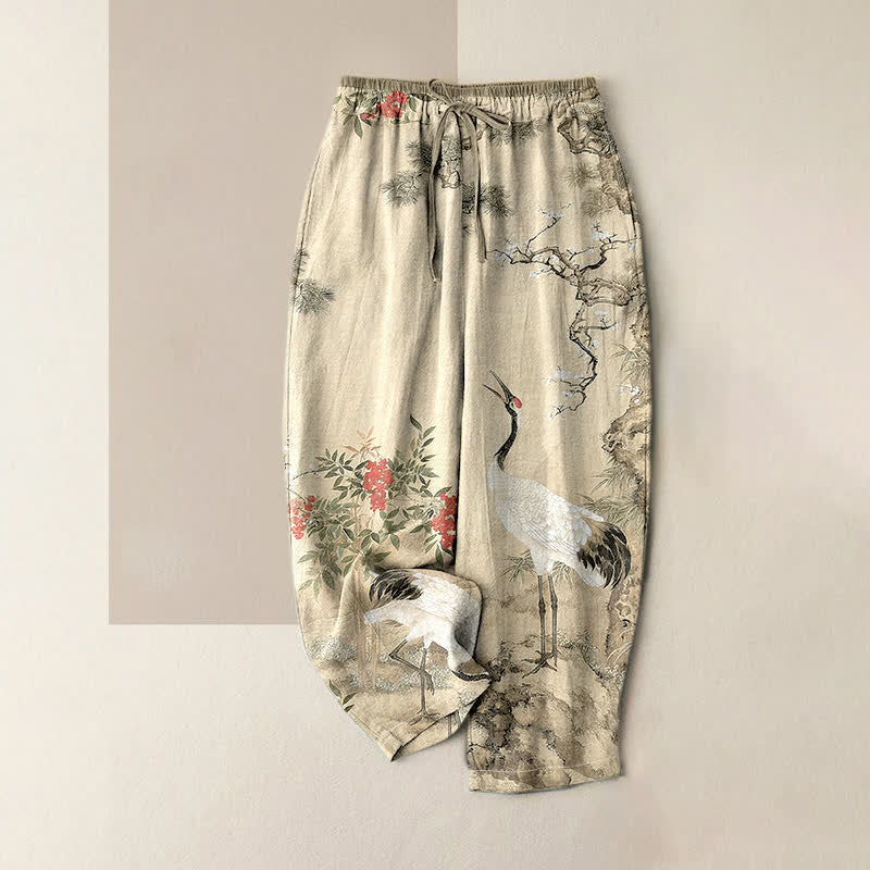 Pure Katoen Kraan Pine Patroon Vrouwen Elastische Taille Broek Met Zakken