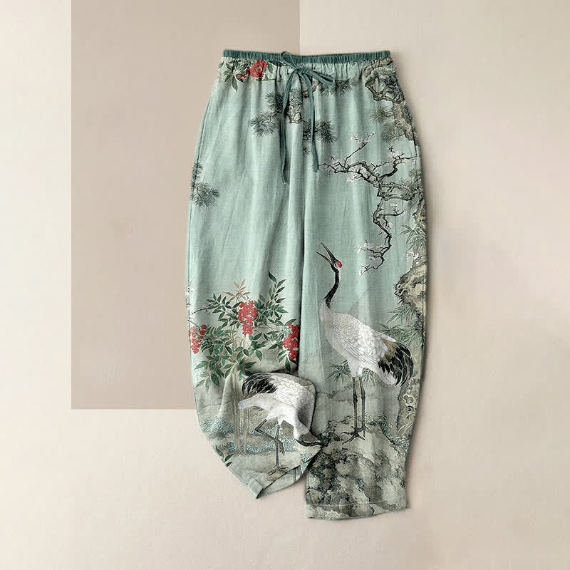 Pure Katoen Kraan Pine Patroon Vrouwen Elastische Taille Broek Met Zakken