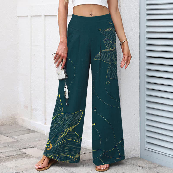 Katoen Linnen Lotus Lijn Kunstpatroon Dames Elastische Taille Wijde Pantalon Met Zakken