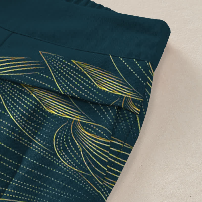 Katoen Linnen Lotus Lijn Kunstpatroon Dames Elastische Taille Wijde Pantalon Met Zakken