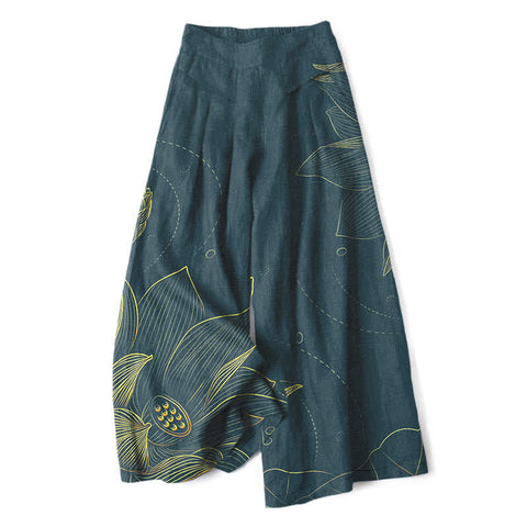 Katoen Linnen Lotus Lijn Kunstpatroon Dames Elastische Taille Wijde Pantalon Met Zakken