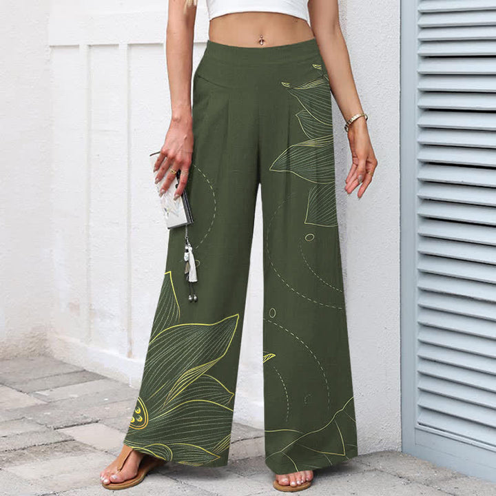 Katoen Linnen Lotus Lijn Kunstpatroon Dames Elastische Taille Wijde Pantalon Met Zakken