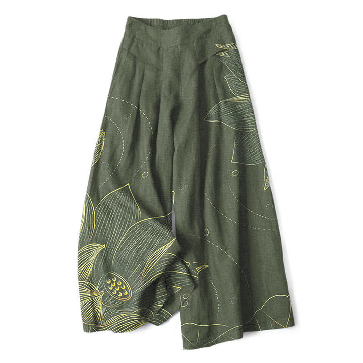 Katoen Linnen Lotus Lijn Kunstpatroon Dames Elastische Taille Wijde Pantalon Met Zakken