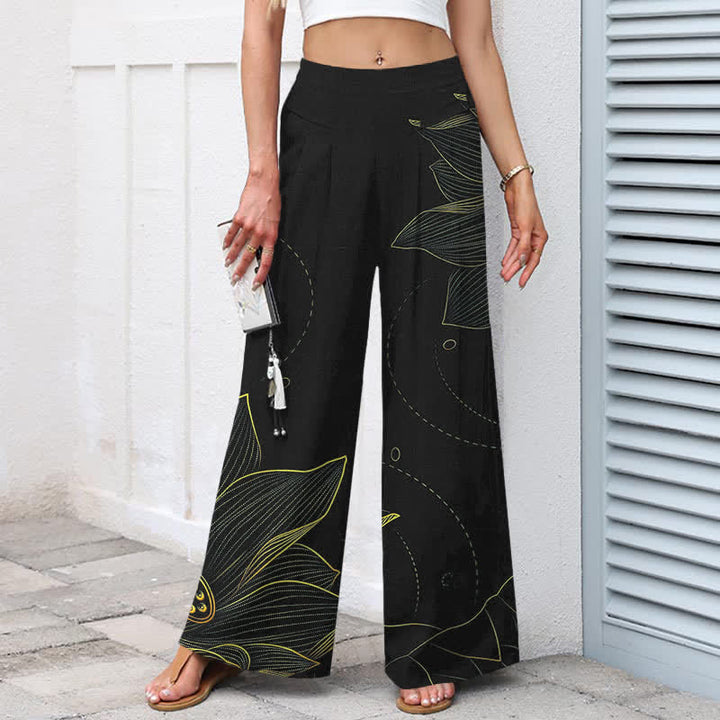 Katoen Linnen Lotus Lijn Kunstpatroon Dames Elastische Taille Wijde Pantalon Met Zakken