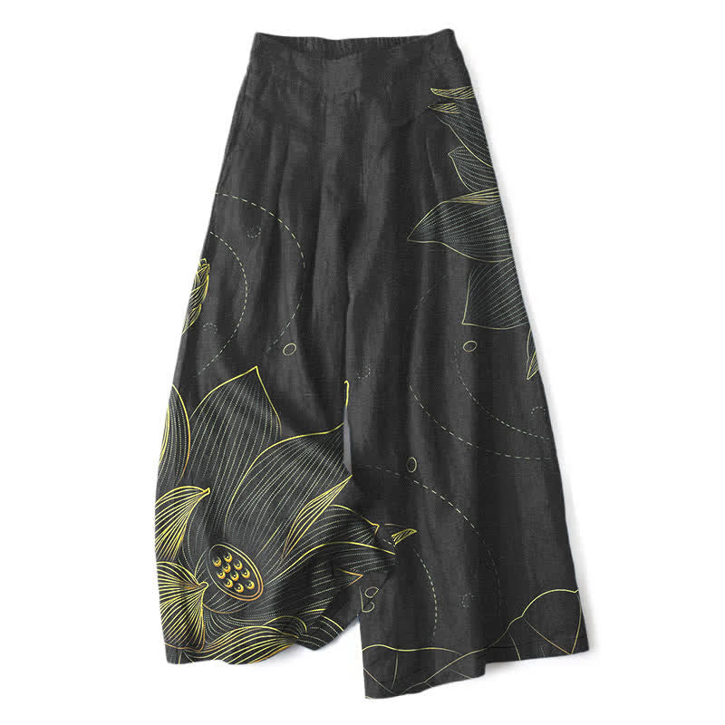 Katoen Linnen Lotus Lijn Kunstpatroon Dames Elastische Taille Wijde Pantalon Met Zakken