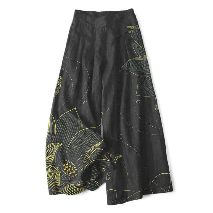Katoen Linnen Lotus Lijn Kunstpatroon Dames Elastische Taille Wijde Pantalon Met Zakken