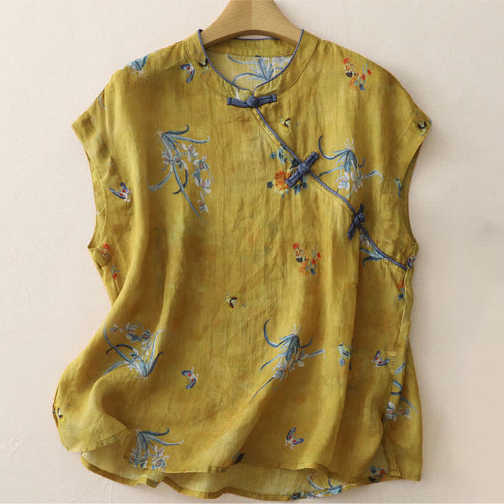 Zomer Tang Stijl Vintage Kikker Knop Orchidee Bloemen Dames Mouwloze Shirts Tanktop