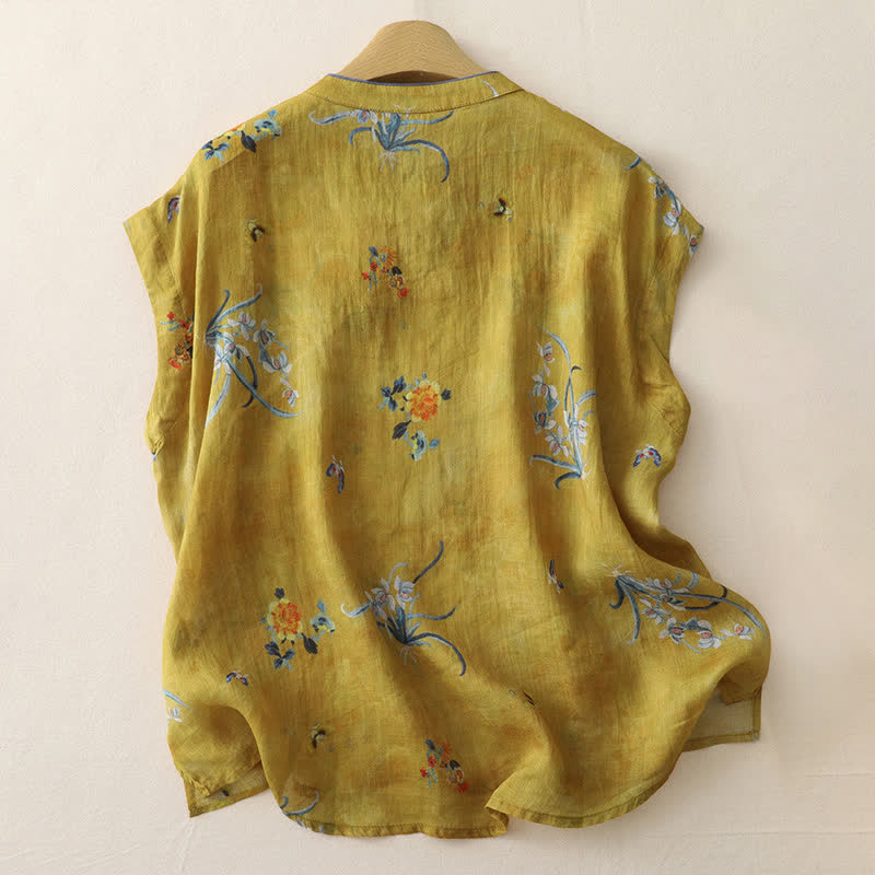 Zomer Tang Stijl Vintage Kikker Knop Orchidee Bloemen Dames Mouwloze Shirts Tanktop