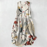 Zomer Casual Kraan Prunebloesem Patroon Dames Zomer Mouwloze Midi Jurk Met Zakken
