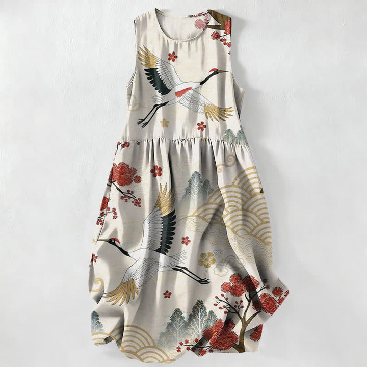 Zomer Casual Kraan Prunebloesem Patroon Dames Zomer Mouwloze Midi Jurk Met Zakken