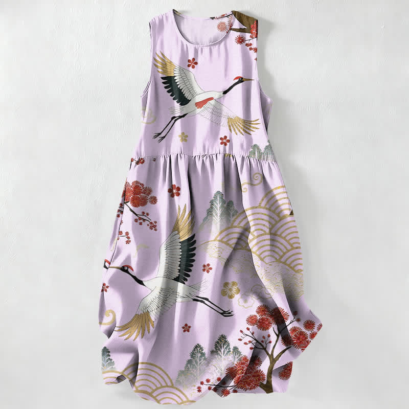 Zomer Casual Kraan Prunebloesem Patroon Dames Zomer Mouwloze Midi Jurk Met Zakken