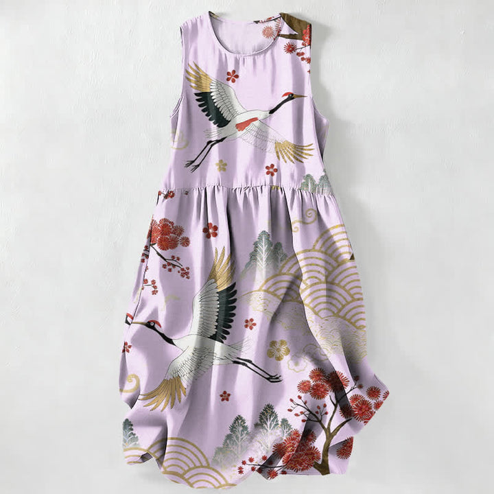 Zomer Casual Kraan Prunebloesem Patroon Dames Zomer Mouwloze Midi Jurk Met Zakken