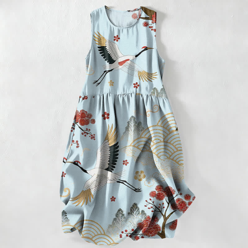 Zomer Casual Kraan Prunebloesem Patroon Dames Zomer Mouwloze Midi Jurk Met Zakken