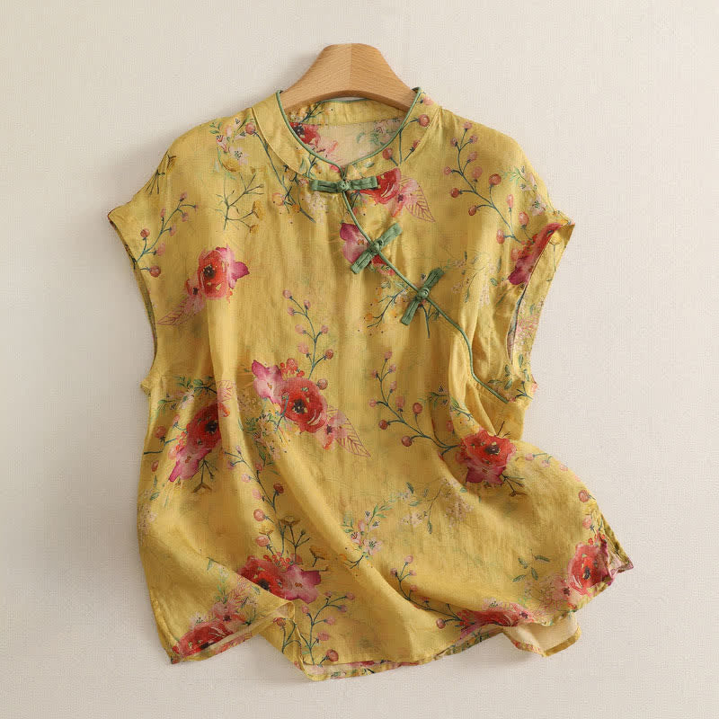 Zomer Tang Stijl Vintage Kikker Knop Orchidee Bloemen Dames Mouwloze Shirts Tanktop