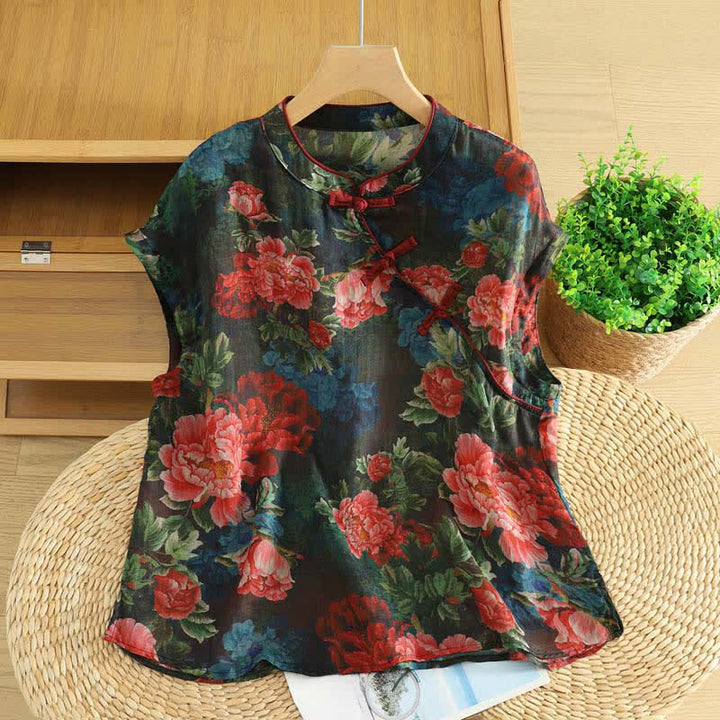 Zomer Tang Stijl Vintage Kikker Knop Orchidee Bloemen Dames Mouwloze Shirts Tanktop