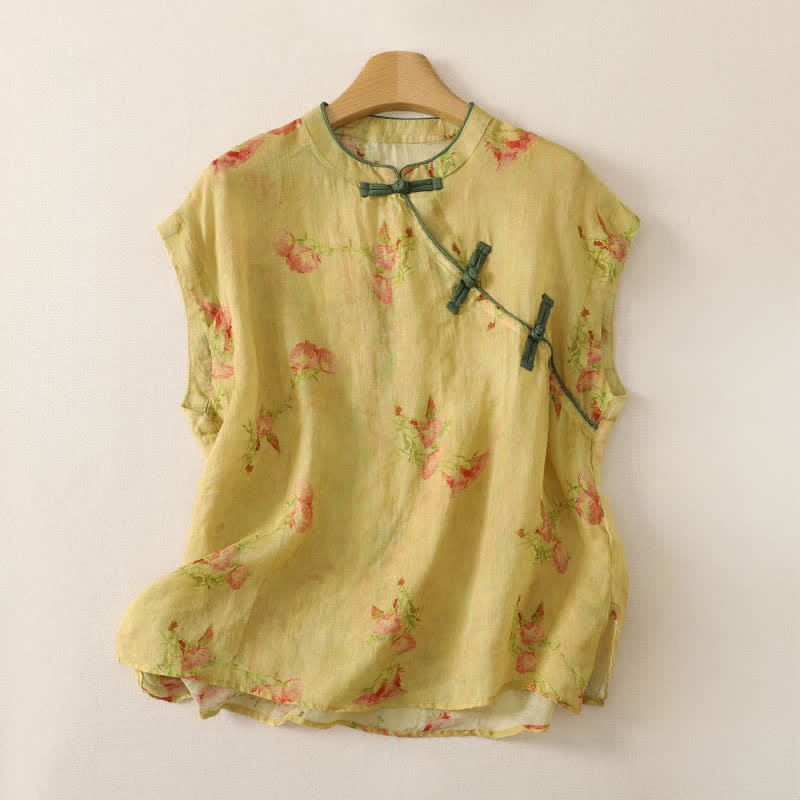 Zomer Tang Stijl Vintage Kikker Knop Orchidee Bloemen Dames Mouwloze Shirts Tanktop