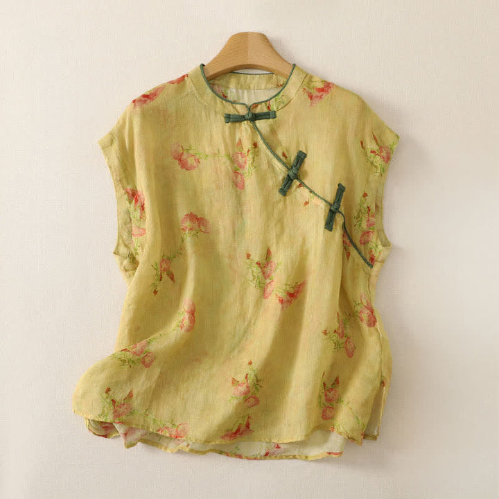 Zomer Tang Stijl Vintage Kikker Knop Orchidee Bloemen Dames Mouwloze Shirts Tanktop