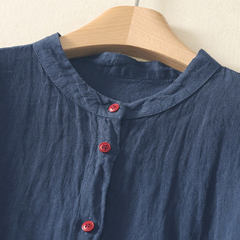 Zomer Effen Rode Knopen Korte Mouwen Dames Shirt