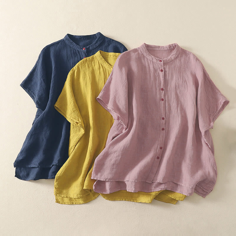 Zomer Effen Rode Knopen Korte Mouwen Dames Shirt