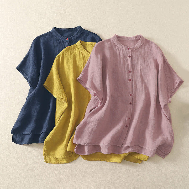 Zomer Effen Rode Knopen Korte Mouwen Dames Shirt