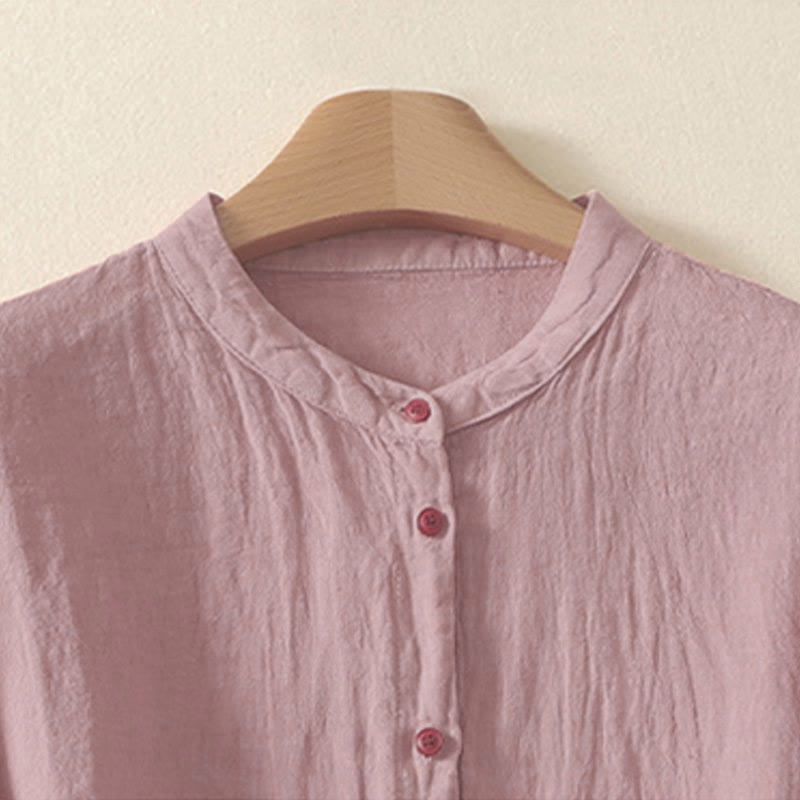 Zomer Effen Rode Knopen Korte Mouwen Dames Shirt