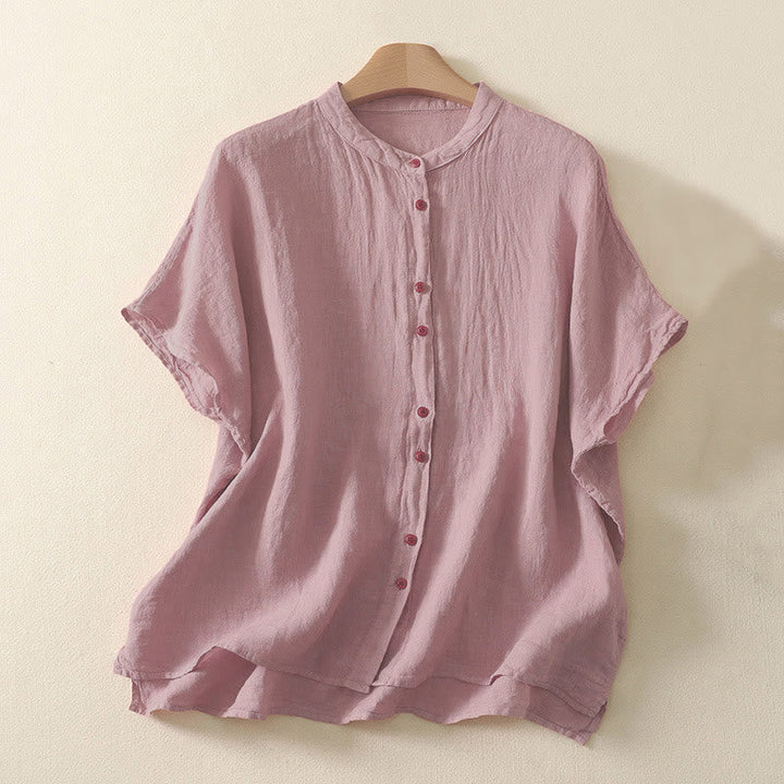 Zomer Effen Rode Knopen Korte Mouwen Dames Shirt