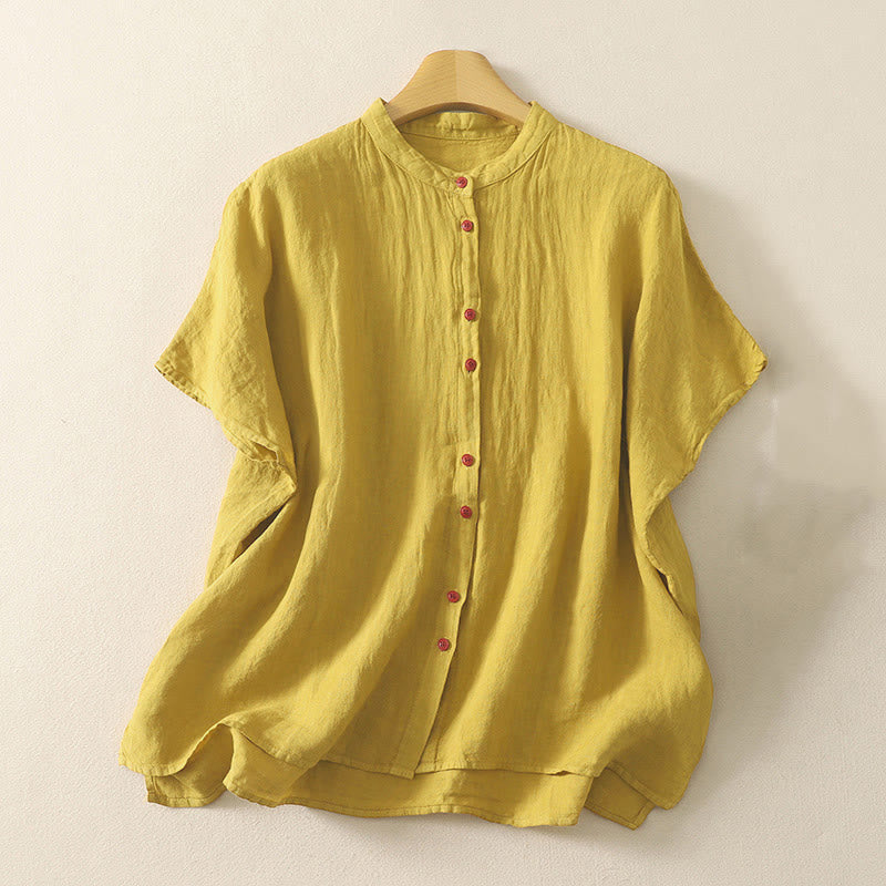 Zomer Effen Rode Knopen Korte Mouwen Dames Shirt