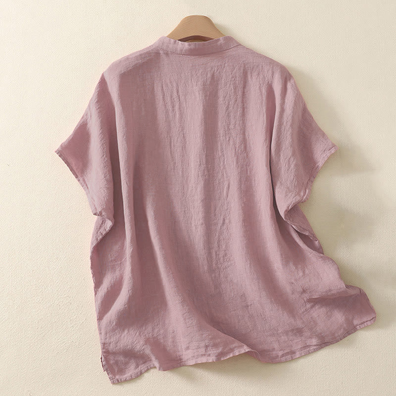 Zomer Effen Rode Knopen Korte Mouwen Dames Shirt