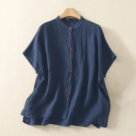 Zomer Effen Rode Knopen Korte Mouwen Dames Shirt