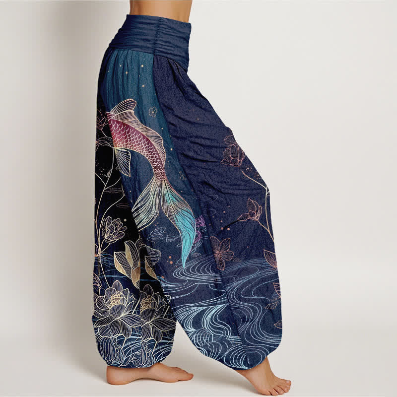 Van Dame Lotus Koi Vis Patroon Vrouwen Elastische Taille Pure Katoenen Harem Broek