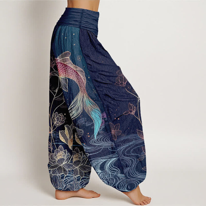 Van Dame Lotus Koi Vis Patroon Vrouwen Elastische Taille Pure Katoenen Harem Broek
