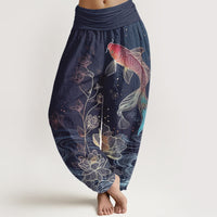 Van Dame Lotus Koi Vis Patroon Vrouwen Elastische Taille Pure Katoenen Harem Broek