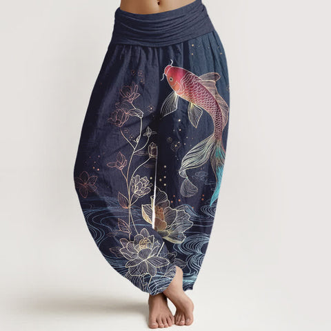 Van Dame Lotus Koi Vis Patroon Vrouwen Elastische Taille Pure Katoenen Harem Broek