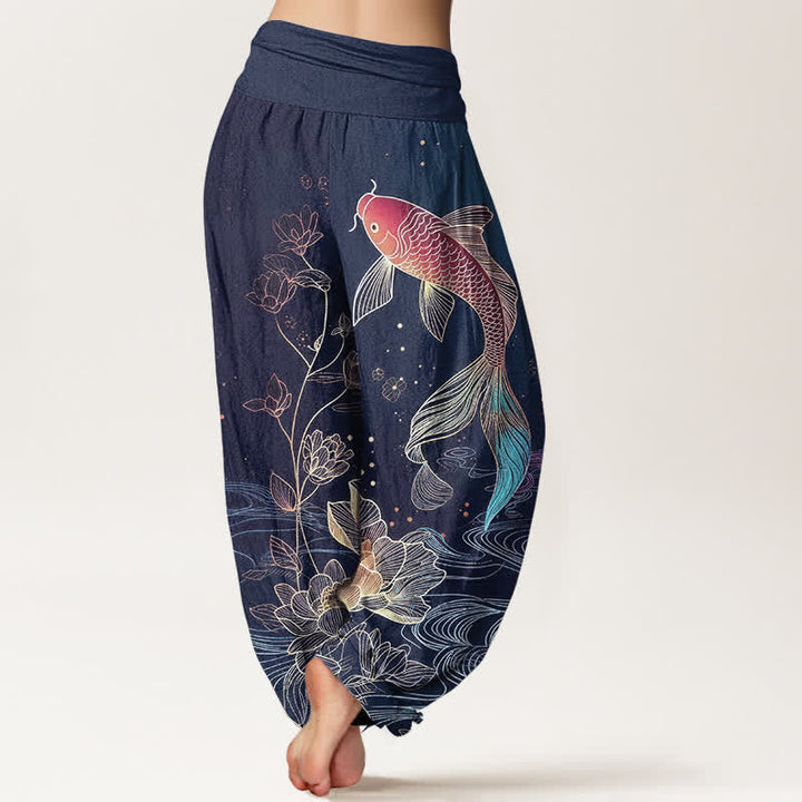 Van Dame Lotus Koi Vis Patroon Vrouwen Elastische Taille Pure Katoenen Harem Broek