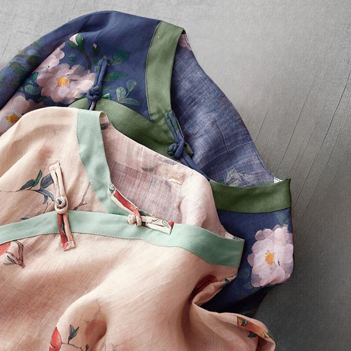 Frog-Button Orchidee Granaatappel Bloemen Patroon Zijslit Ontwerp Halve Mouw Midi Jurk