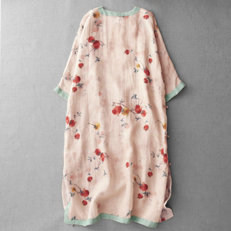 Frog-Button Orchidee Granaatappel Bloemen Patroon Zijslit Ontwerp Halve Mouw Midi Jurk