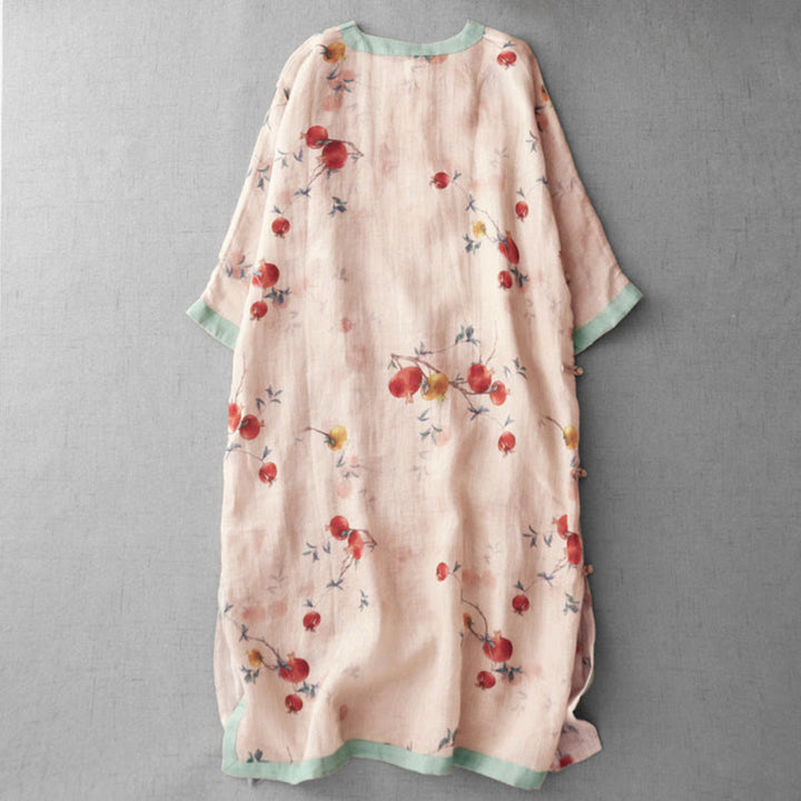 Frog-Button Orchidee Granaatappel Bloemen Patroon Zijslit Ontwerp Halve Mouw Midi Jurk