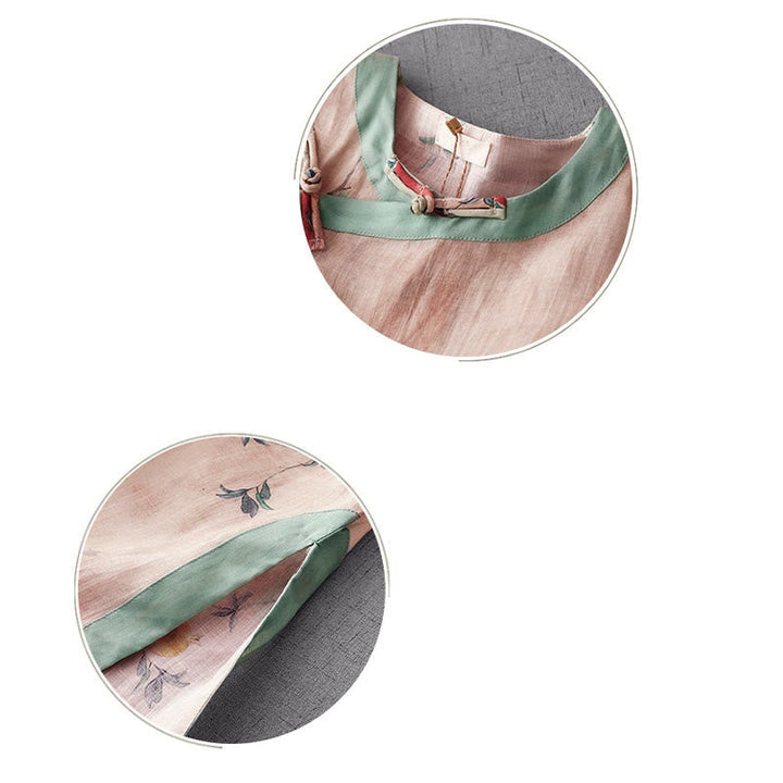 Frog-Button Orchidee Granaatappel Bloemen Patroon Zijslit Ontwerp Halve Mouw Midi Jurk