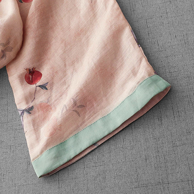 Frog-Button Orchidee Granaatappel Bloemen Patroon Zijslit Ontwerp Halve Mouw Midi Jurk