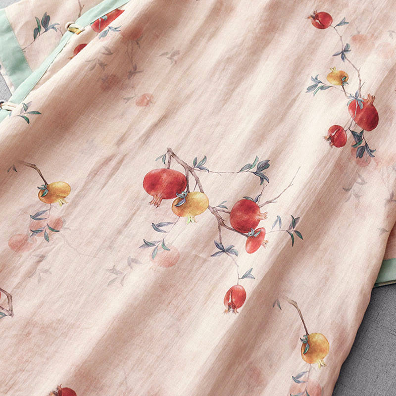 Frog-Button Orchidee Granaatappel Bloemen Patroon Zijslit Ontwerp Halve Mouw Midi Jurk
