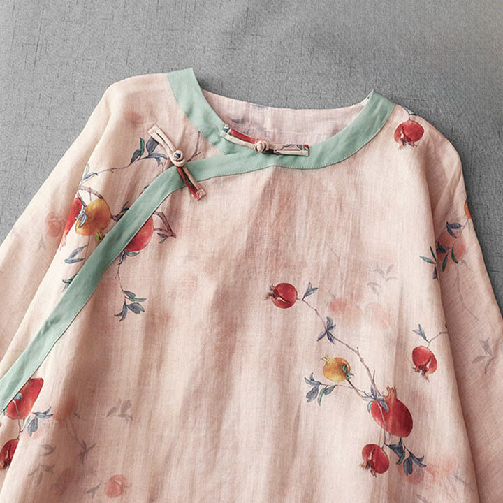 Frog-Button Orchidee Granaatappel Bloemen Patroon Zijslit Ontwerp Halve Mouw Midi Jurk