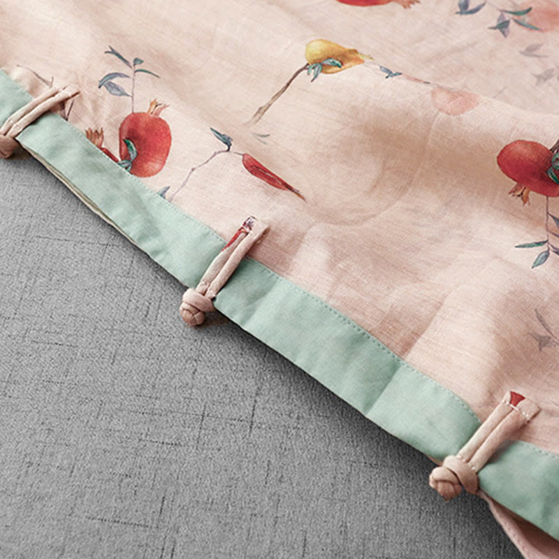 Frog-Button Orchidee Granaatappel Bloemen Patroon Zijslit Ontwerp Halve Mouw Midi Jurk