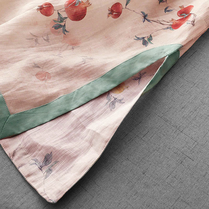 Frog-Button Orchidee Granaatappel Bloemen Patroon Zijslit Ontwerp Halve Mouw Midi Jurk
