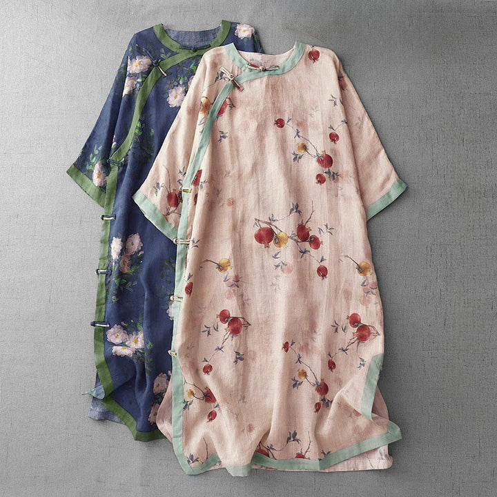 Frog-Button Orchidee Granaatappel Bloemen Patroon Zijslit Ontwerp Halve Mouw Midi Jurk