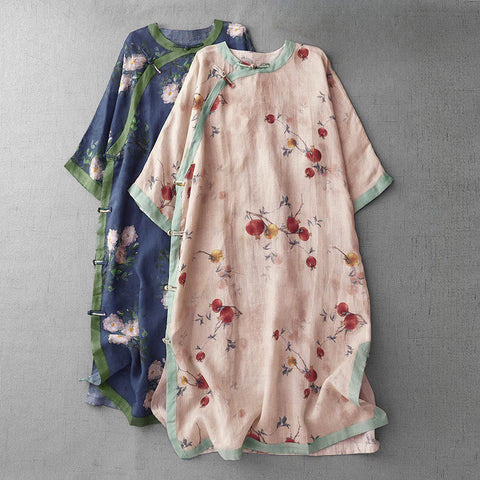 Frog-Button Orchidee Granaatappel Bloemen Patroon Zijslit Ontwerp Halve Mouw Midi Jurk