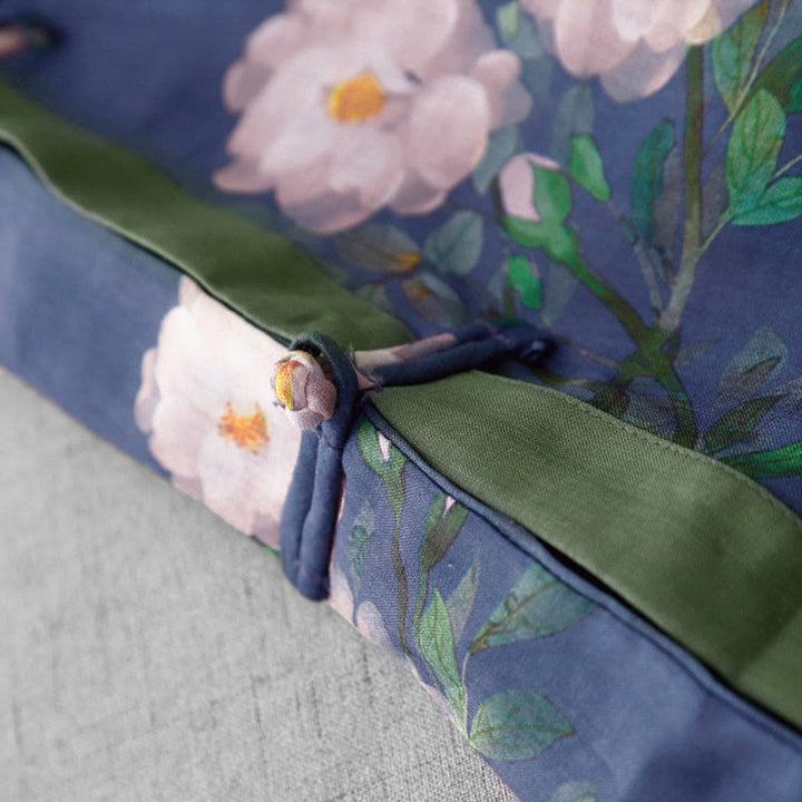 Frog-Button Orchidee Granaatappel Bloemen Patroon Zijslit Ontwerp Halve Mouw Midi Jurk