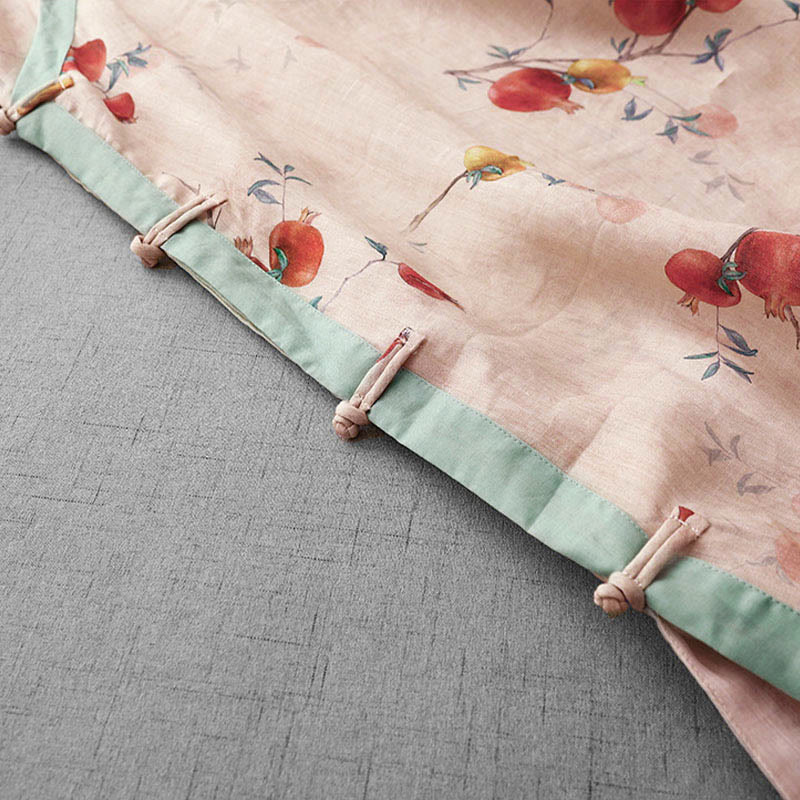 Frog-Button Orchidee Granaatappel Bloemen Patroon Zijslit Ontwerp Halve Mouw Midi Jurk